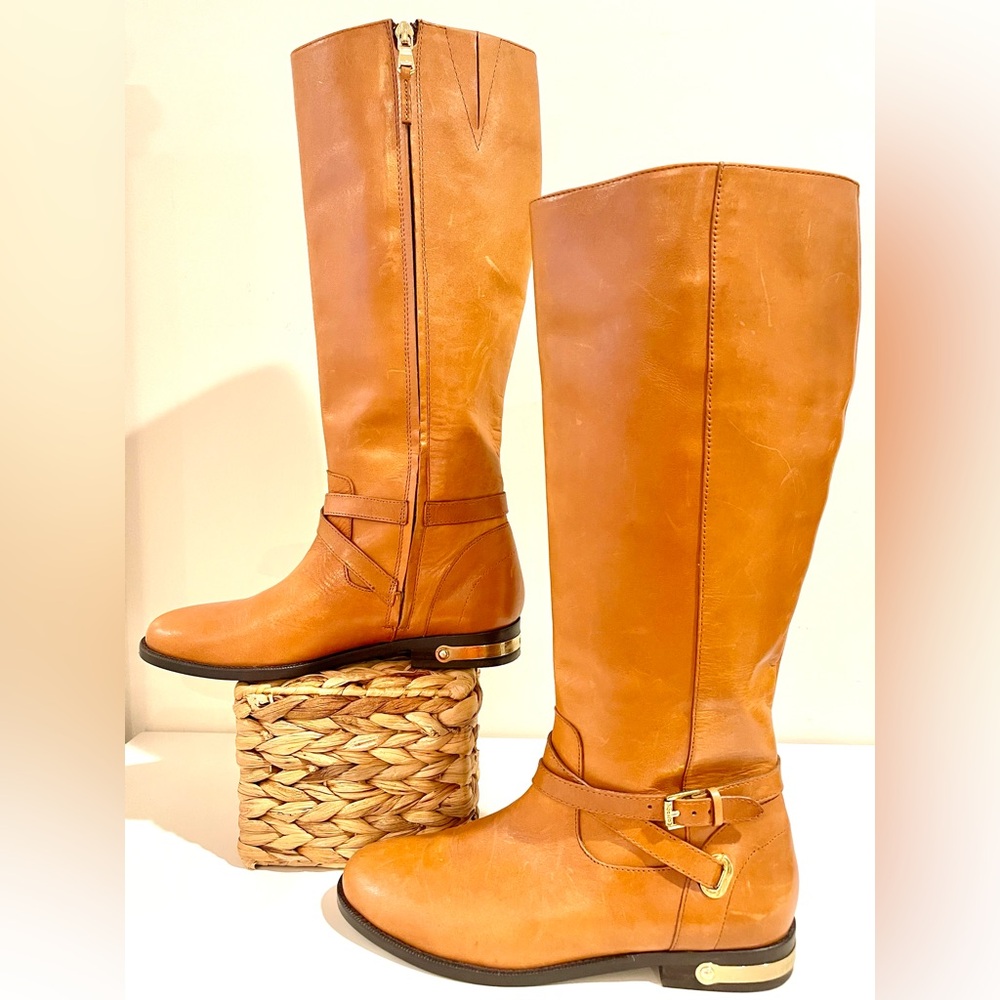 Ralph Lauren Tan Leather Knee-High Riding Boots w Gold Metal Details - Picture 3 of 15